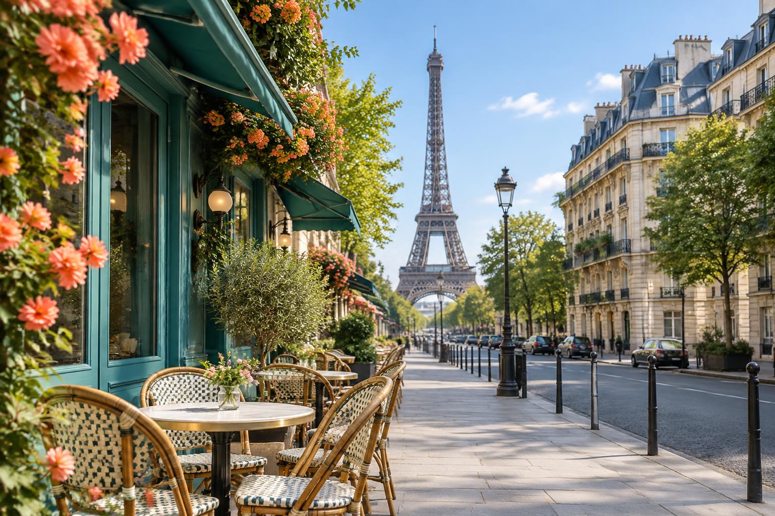 Café parisiense com a Torre Eiffel ao fundo