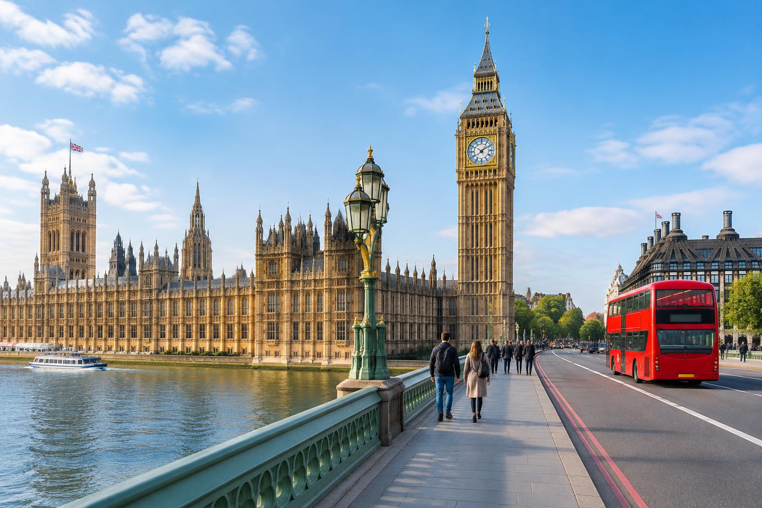 Big Ben e um ônibus vermelho na ponte de Westminster, em Londres